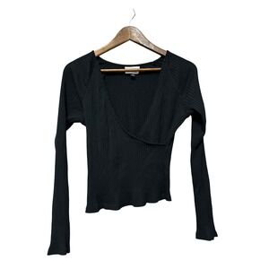 Universal Thread Black Ribbed‎ V Neck Long Sleeve Cropped Top Womens Size M